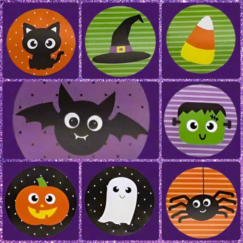 large halloween sticker stickers seal seals round 38mm 1.5" big packaging supplies cute kawaii uk shop store stationery supplies fun kids party spooky bat bats cat cats black purple green orange pumpkin monster frankenstein candy corn spider ghost ghosts spiders hat witch witches