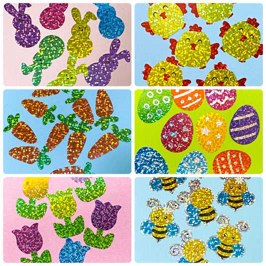 holo glitter foil foiled glittery sparkly easter spring large big jumbo sticker stickers seals seal packaging supplies uk cute kawaii chick chicks chicken carrot carrots bee bees bumble honey egg eggs rabbit rabbits bunny bunnies tulip tulips flower flowers