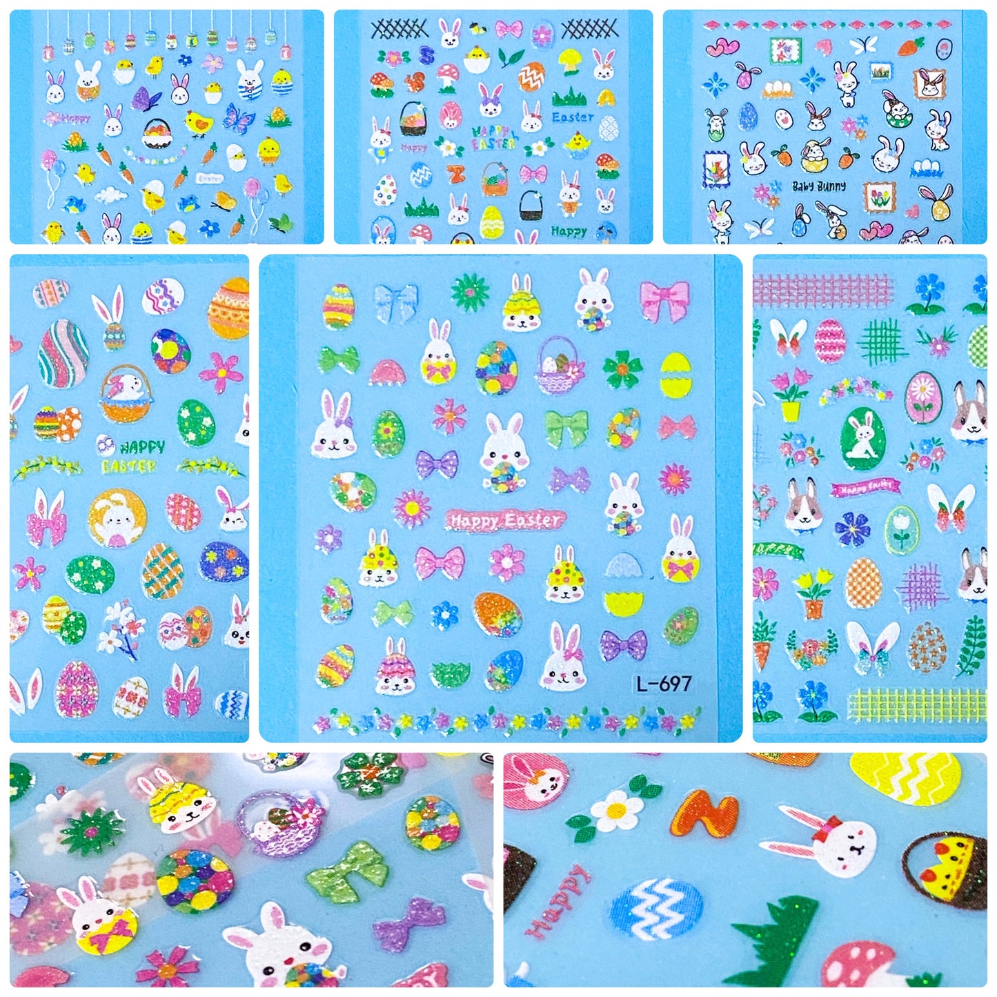 easter glittery nail art stickers on a blue background