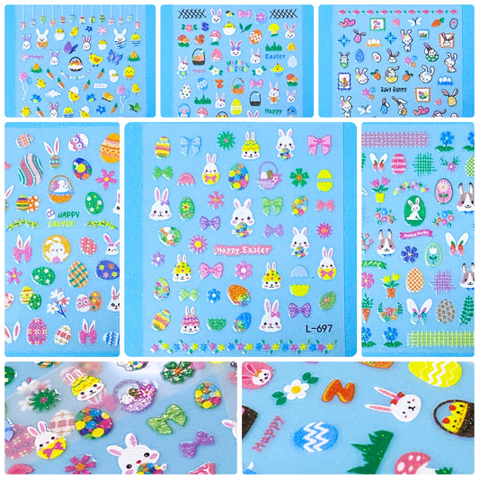 easter glittery nail art stickers on a blue background