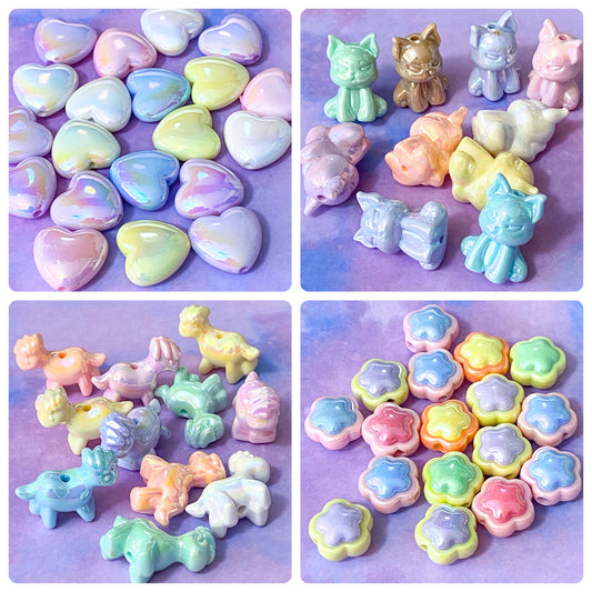 JUMBO ACRYLIC IRIDESCENT PEARLY BEADS -HORSE FLOWER HEART & CAT
