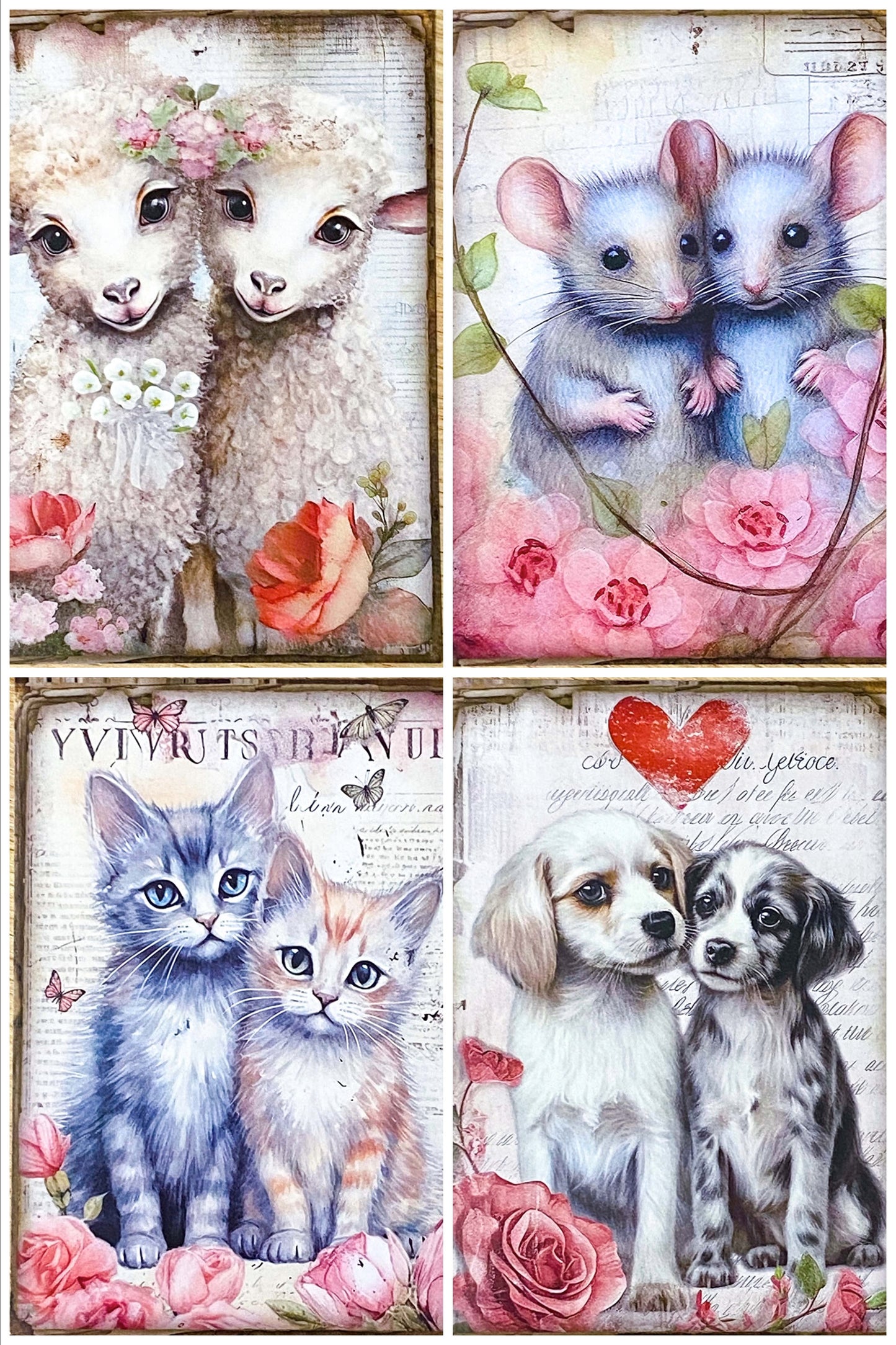 ROMANTIC FLORAL ANIMAL PAIRS Vintage Postcards SETS of 4