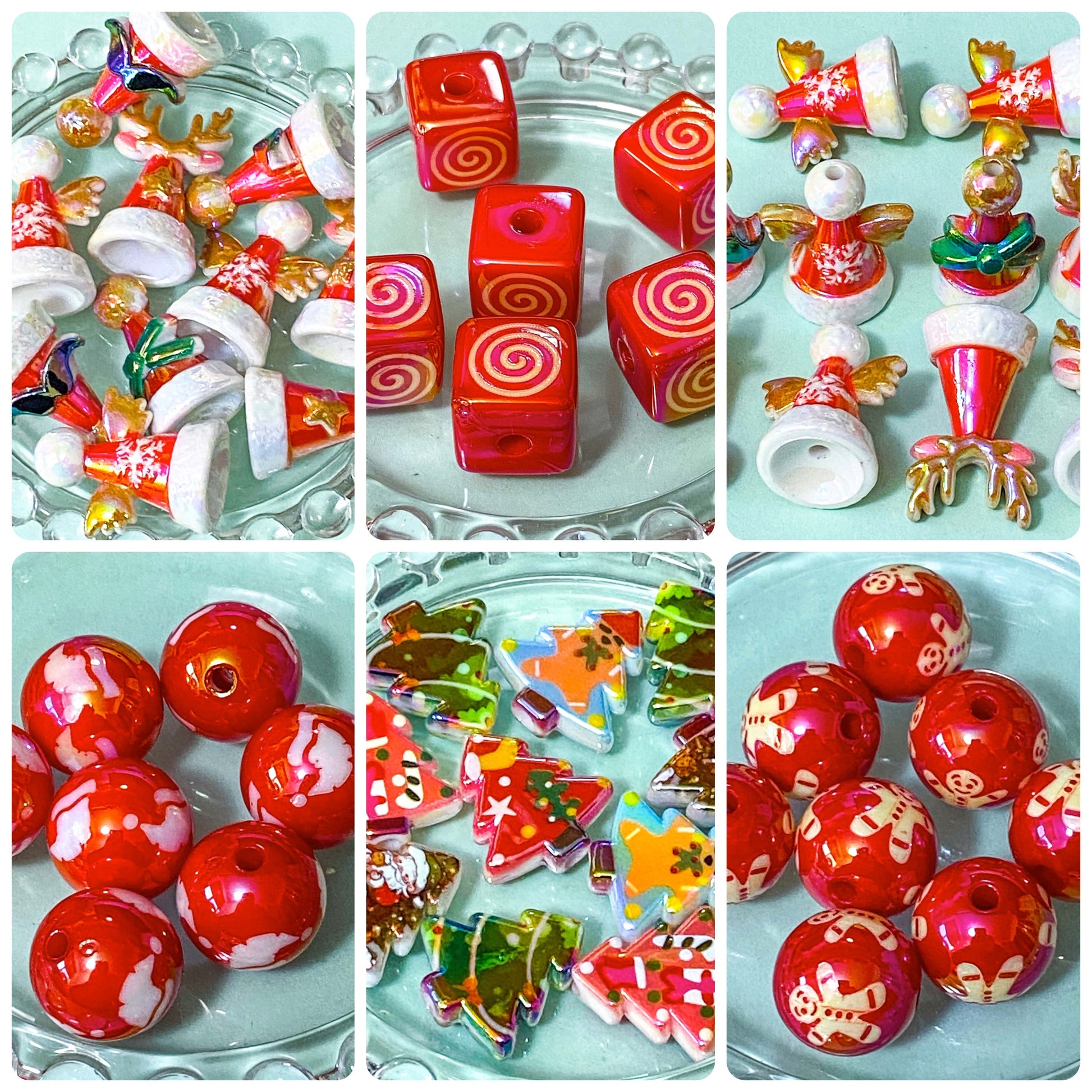 red and white and green Christmas festive bead beads jumbo large big acrylic uk cute kawaii craft supplies snowman snowmen round cube square santa hat hats 30mm 15mm gingerbread men tree trees fir antlers angel angels wings wing gold green