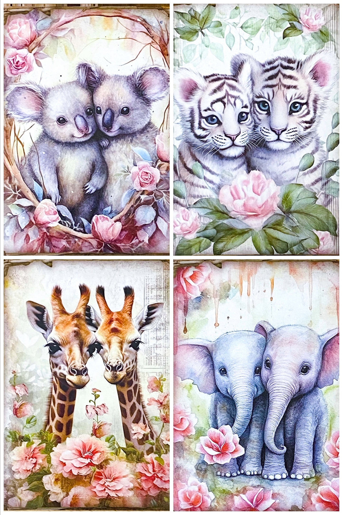 ROMANTIC FLORAL ANIMAL PAIRS Vintage Postcards SETS of 4