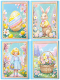 Set of four Easter-themed cards with a bunny, girl, and basket design.