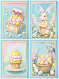 Set of four Easter-themed cards featuring a rabbit, basket, and cupcake.