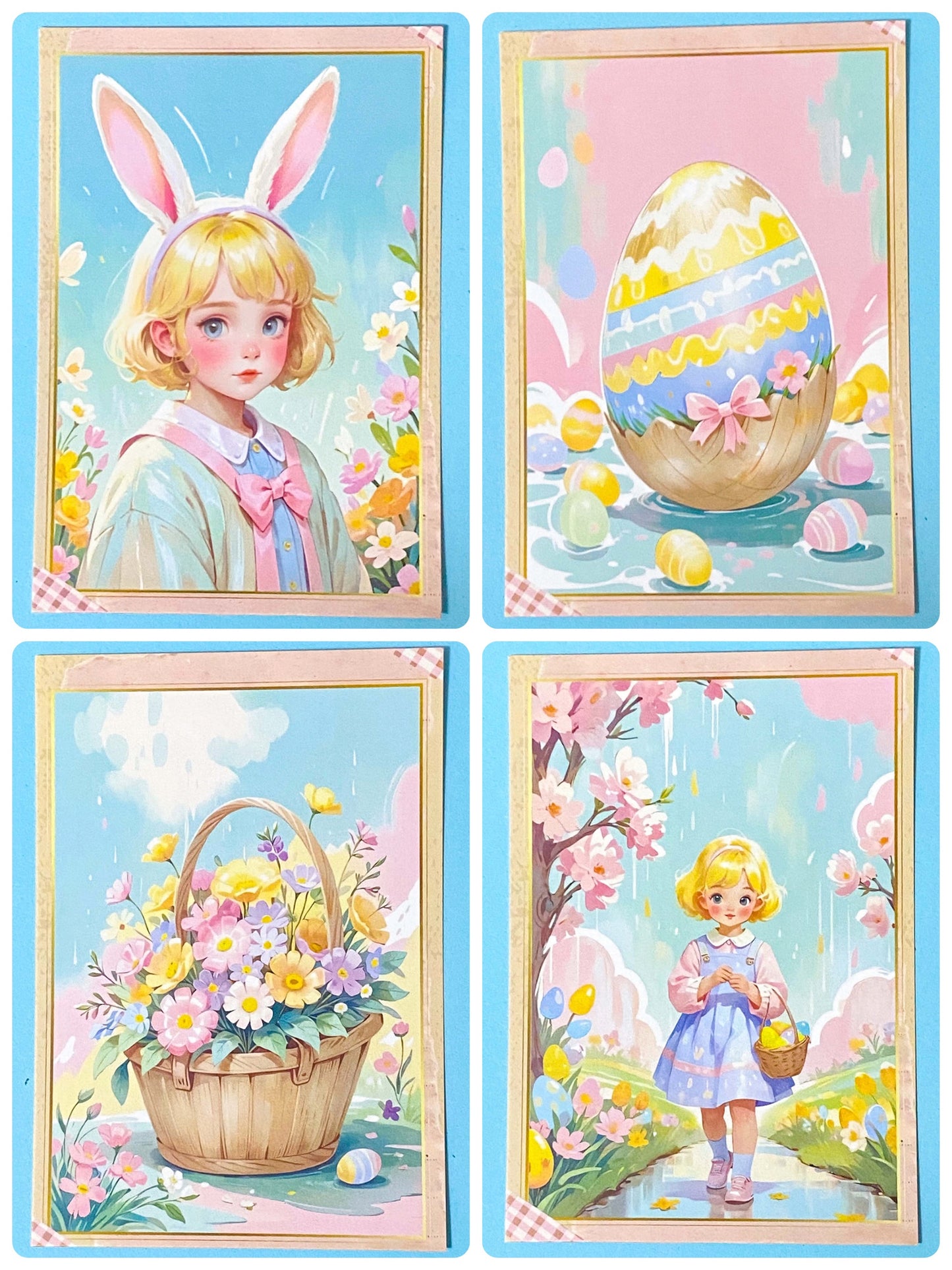 Set of four Easter-themed cards featuring a girl with bunny ears, an egg, a basket, and a cherry blossom tree.