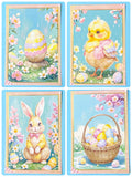 Set of four Easter-themed cards featuring a chick, egg, bunny, and basket.