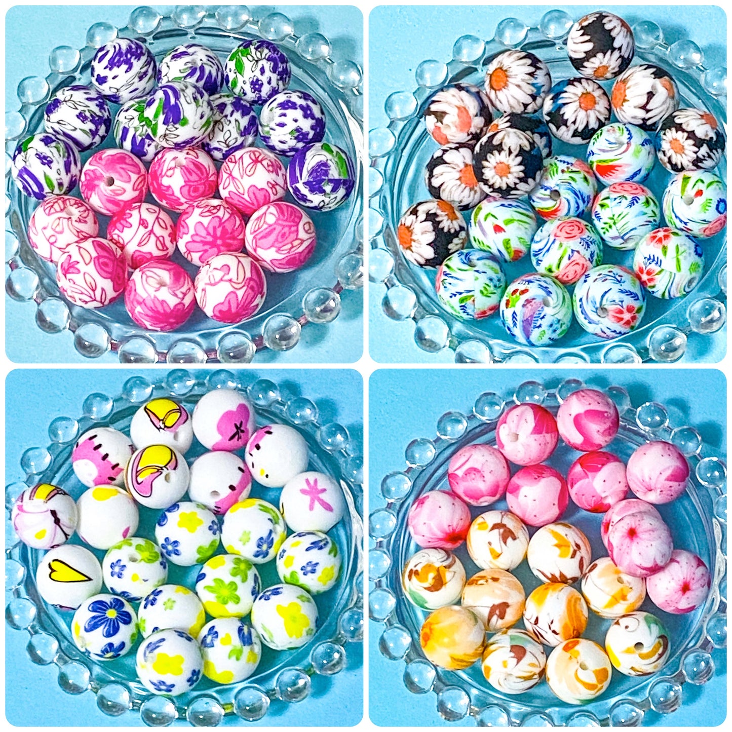 mixed floral silicone beads 16mm bundles on a blue background