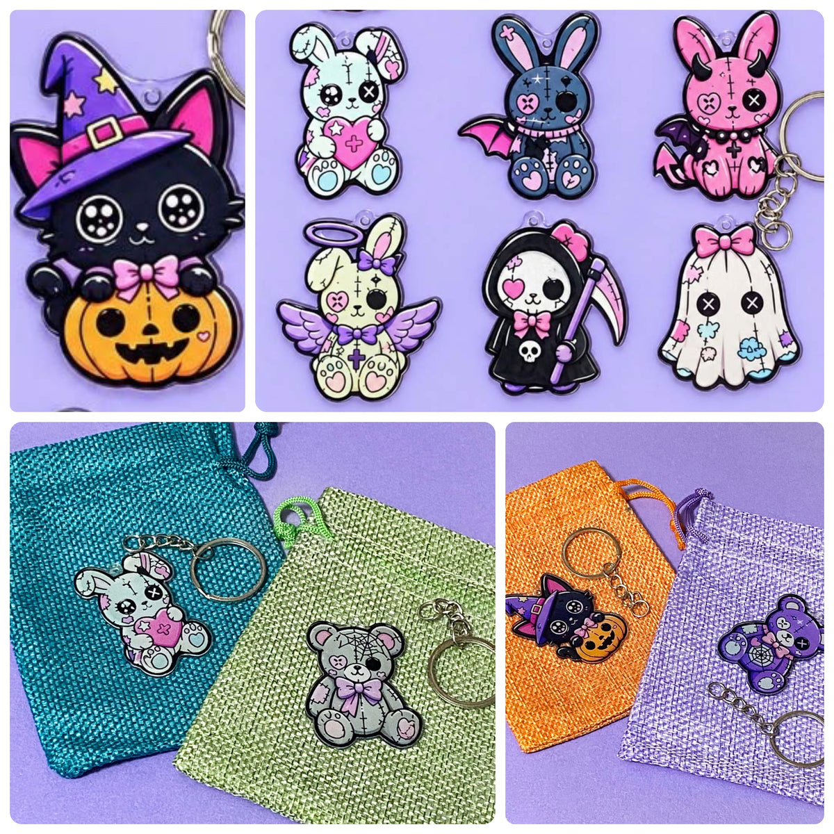 acrylic halloween spooky cute DIY keyring kit in pretty hessian bag with silver metal findings. Designs include kawaii ghost, black cat with pumpkin, cuddly toy bear and rabbit, angel, devil and grim reaper. uk gift shop.