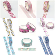 Collage of various patterned washi tape 10m rolls on a white background
