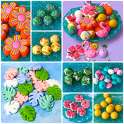 silicone bead beads floral summer tropical vibes flamingo palm tree leaf leaves green lilac orange mustard yellow hibiscus flower flowers floral yellow patterned jumbo big large uk cute kawaii craft supplies shop store 30mm palm leaf leaves