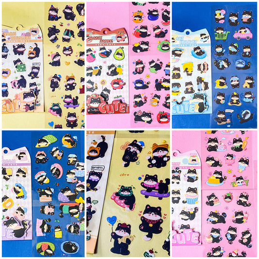 tuxedo black and white cat kawaii cartoon cats matte PET sticker packs of 4 sheets with colourful cute designs including summer holiday, christmas, party and fruits. uk stationery shop.