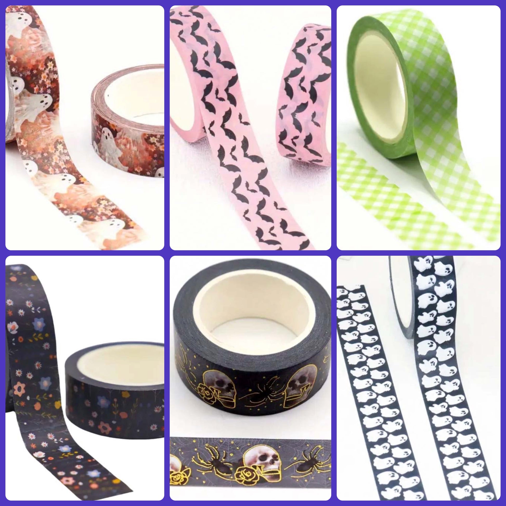 halloween washi tape tapes 10m rolls big long uk cute kawaii craft supplies stationery shop store pink bat bats ghost ghosts spooky floral dark black old foil foiled tapes autumn 