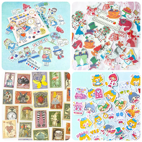 alice in wonderland sticker bundle of sticker flakes and stamp stickers for stationery lovers