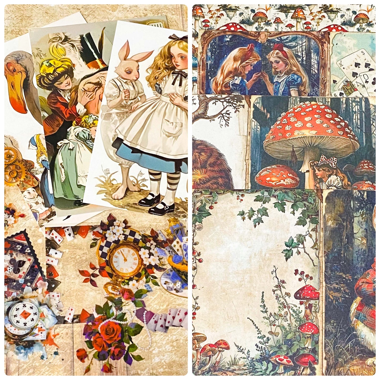 alice in wonderland mini paper bundle with vintage postcards, clear stickers and scrapbook papers journaling set uk