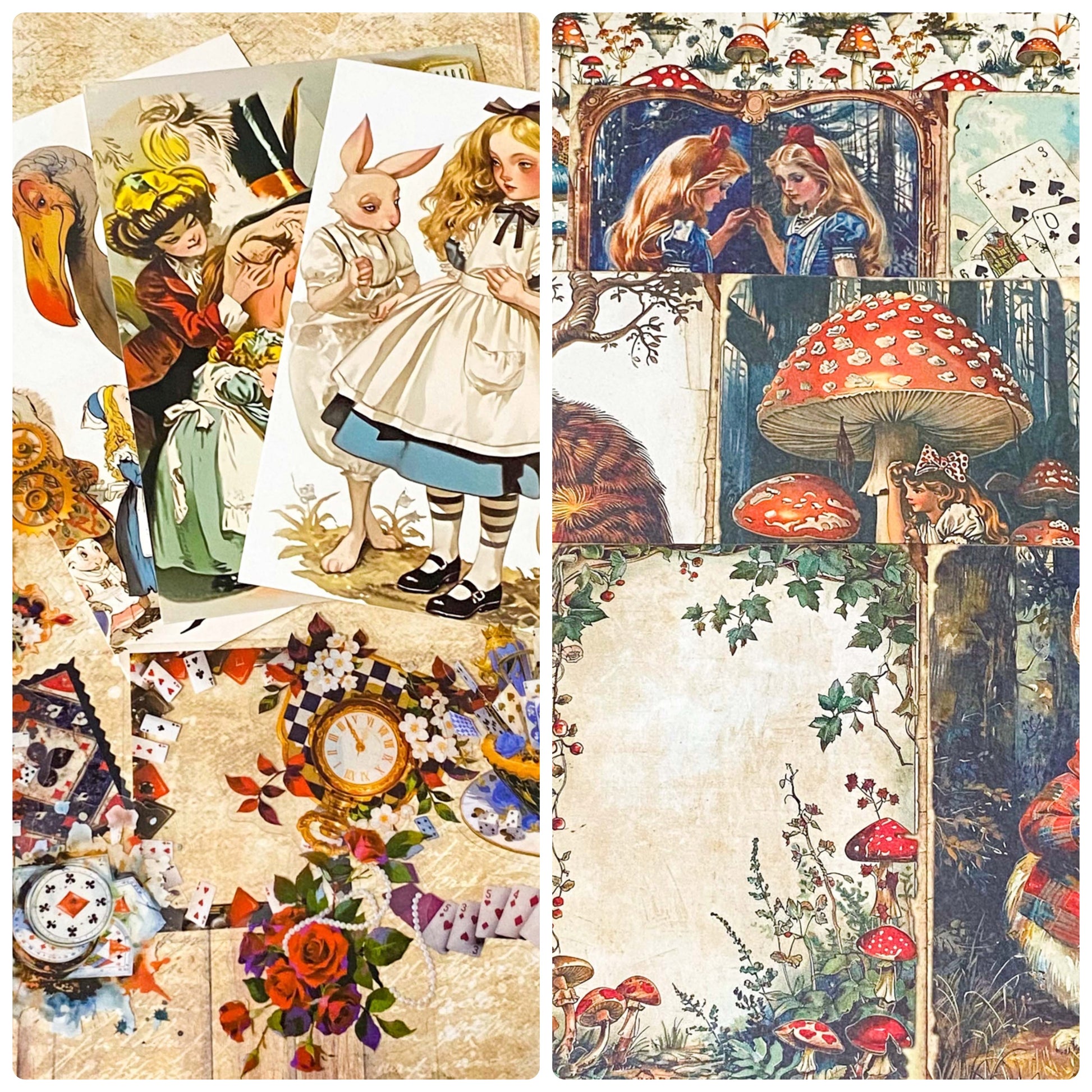 alice in wonderland mini paper bundle with vintage postcards, clear stickers and scrapbook papers journaling set uk