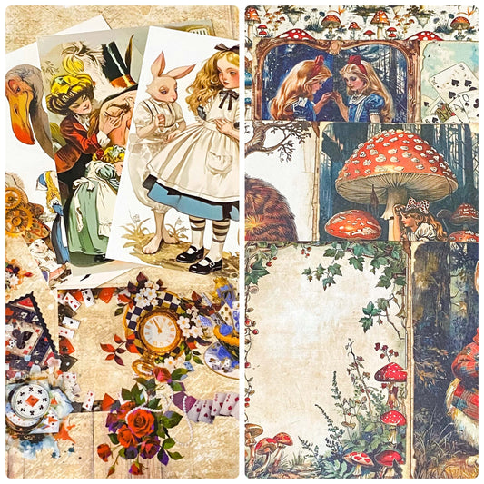 alice in wonderland mini paper bundle with vintage postcards, clear stickers and scrapbook papers journaling set uk