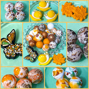autumn silicone jumbo very large big beads bead uk cute kawaii craft supplies shop store orange yellow mustard leaf leaves print pattern patterned grey white mustard round 15mm 31mm beaded pen pens jewellery making 