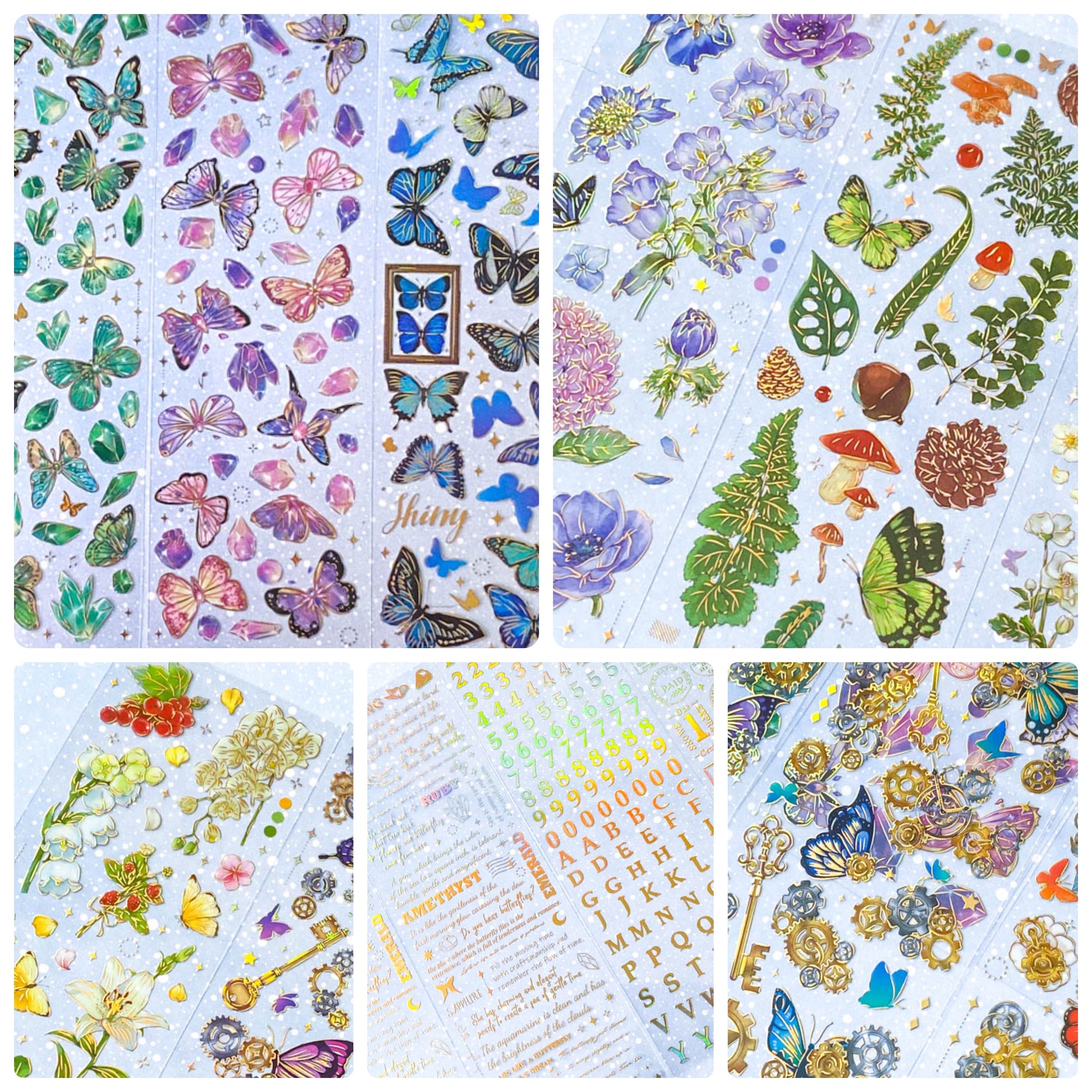 bargain sticker stickers sheet sheets holo holographic clear plastic transparent stationery butterfly butterflies key keys garden flower flowers bloom blossom letters alpha alphabet numbers gem gems gemstones crystal crystals uk cute kawaii stationery shop store purple lilac yellow green peach pink red orange bright green