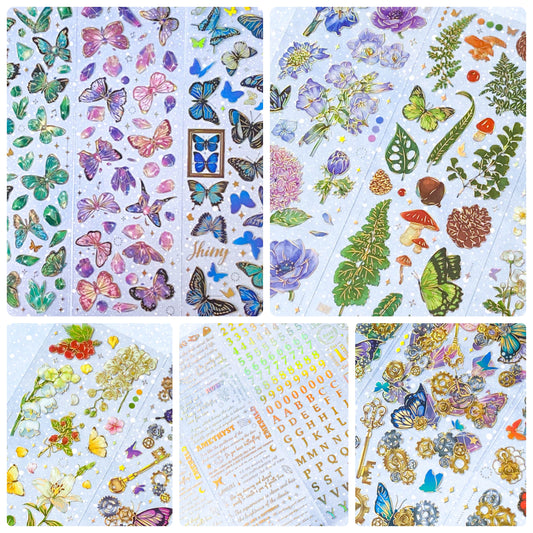 bargain sticker stickers sheet sheets holo holographic clear plastic transparent stationery butterfly butterflies key keys garden flower flowers bloom blossom letters alpha alphabet numbers gem gems gemstones crystal crystals uk cute kawaii stationery shop store purple lilac yellow green peach pink red orange bright green
