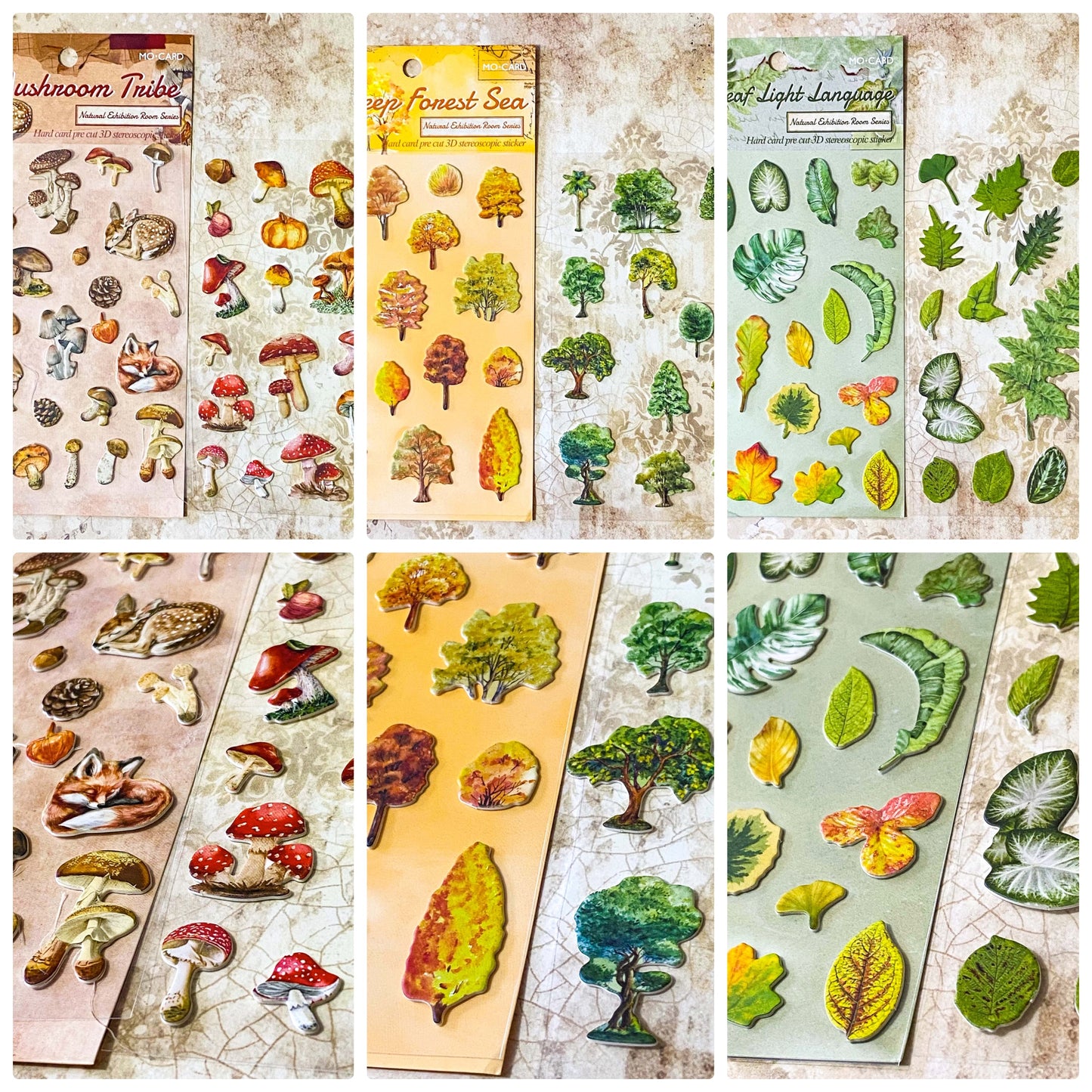 nature themed card sticker set of 2 clear sheets of raised cardboard plants and animals stickers. Designs include mushrooms, woodland animals, leaves and trees. Uk stationery shop.