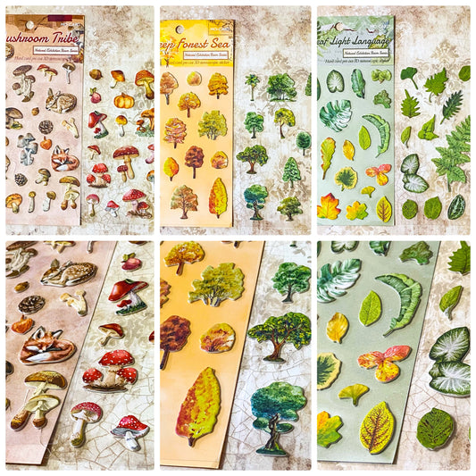 nature themed card sticker set of 2 clear sheets of raised cardboard plants and animals stickers. Designs include mushrooms, woodland animals, leaves and trees. Uk stationery shop.