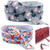 christmas elastic ribbons bundle with blue and red santa claus, grey retro tree pattern and red and black tartan elastics