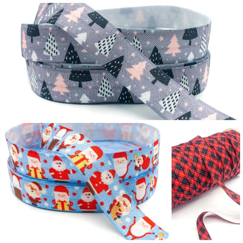 christmas elastic ribbons bundle with blue and red santa claus, grey retro tree pattern and red and black tartan elastics