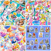 large bundle of spring and easter laptop stickers with easter eggs, bunny rabbits, gnomes and baskets illustrations. bargain stationery bundles uk.