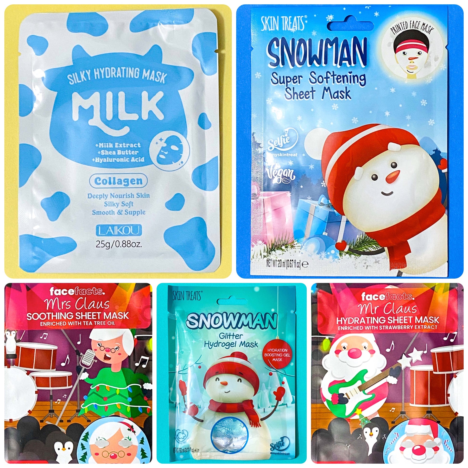 face mask masks sheet printed moisturising nourishing hydrating hydrogel glitter snowman snowmen mrs claus santa mr father christmas festive gift gifts beauty uk cute kawaii milk collagen pack packs soothing shop store stocking filler fillers fun kids her bargain cheap sale