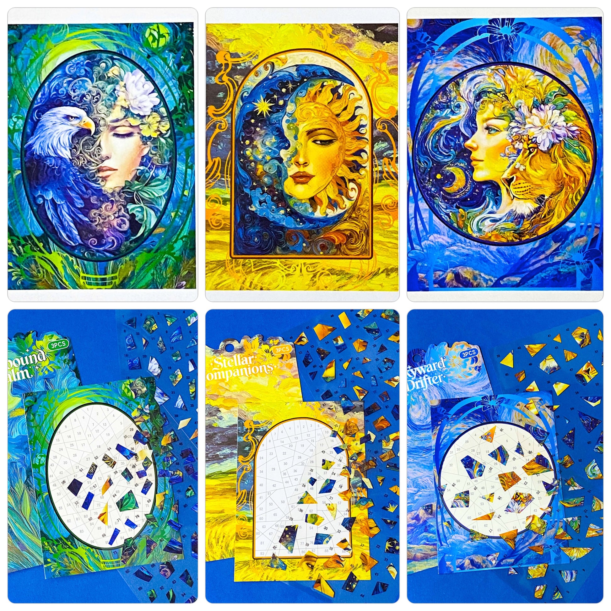 art nouveau inspired soul guardian PET mosaic sticker kits with eagle, crescent moon and lion, in shades of golden yellow, blue and green. Art gift for mindfulness and self care. 