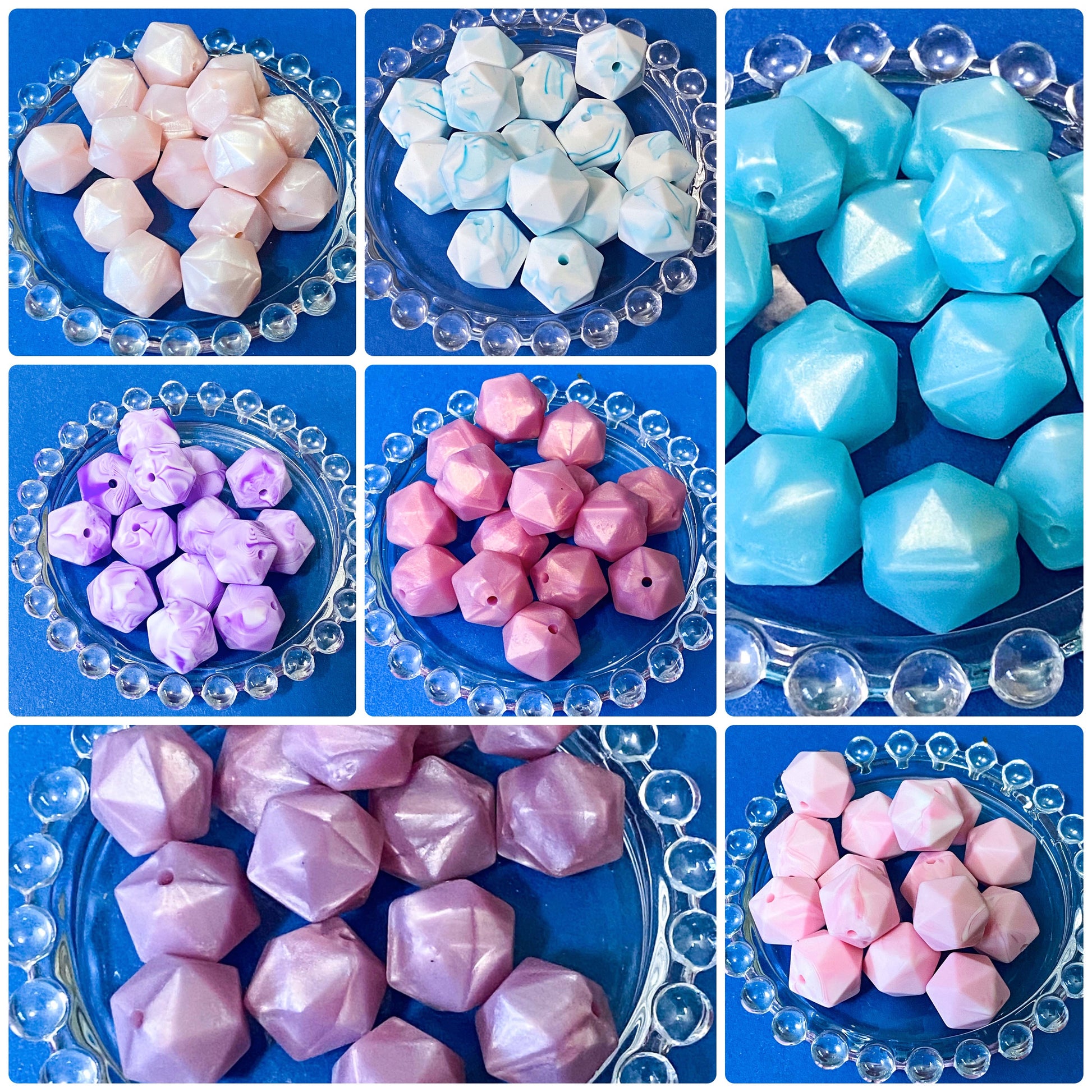 silicone 20mm hexagonal multi sided soft touch beads with pearlescent finish and marble pattern. Shades of pink, lilac, blue and turquoise. UK craft supplies shop.