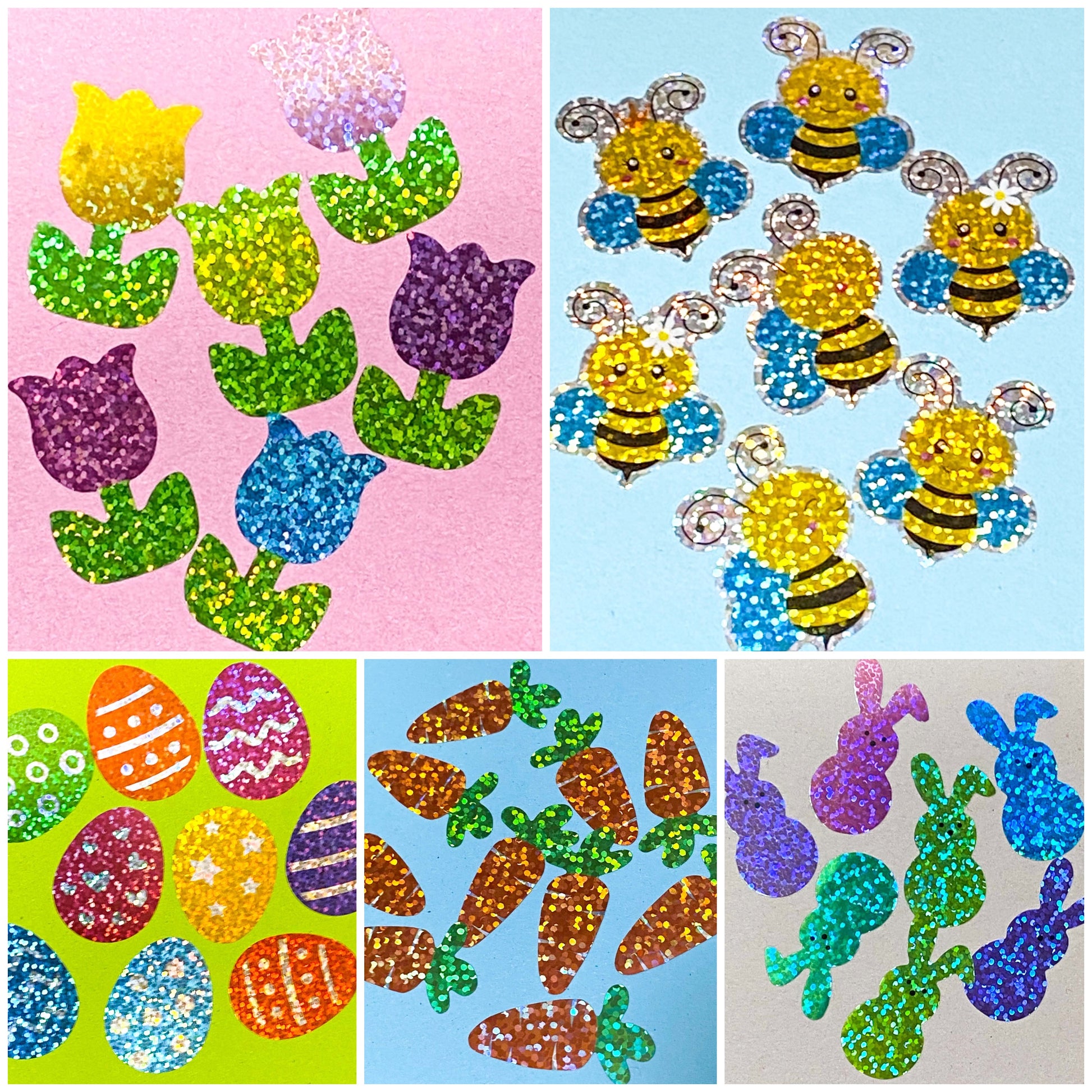 glitter holo holographic sparkly glittery foil foiled sticker stickers spring springtime easter bunny rabbit egg eggs tulip flower flowers bee bees carrot carrots uk cute kawaii stationery supplies shop store packaging large jumbo 38mm 40mm