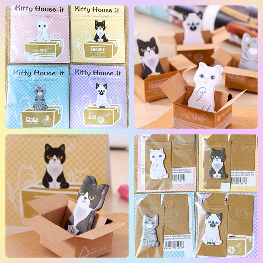 kitty cat in a crate house box mini sticky memo pad grey shorthair tabby black and white cats ears cute kawaii uk stationery gift gifts bargains bargain small pocket little sticky notes note planner addict addicts