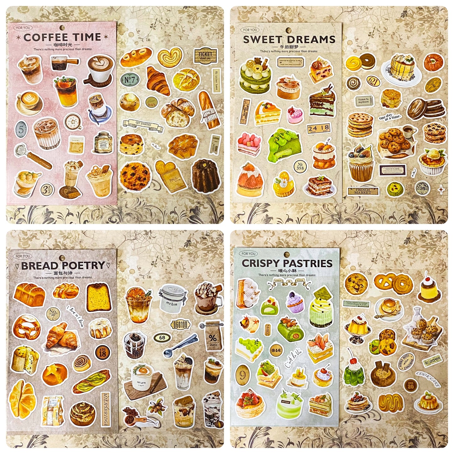 two large matte sticker sheets of food and drinks including coffee, cakes, pastries, bread, desserts, biscuits, pretzels and cupcakes uk cute kawaii stationery shop.