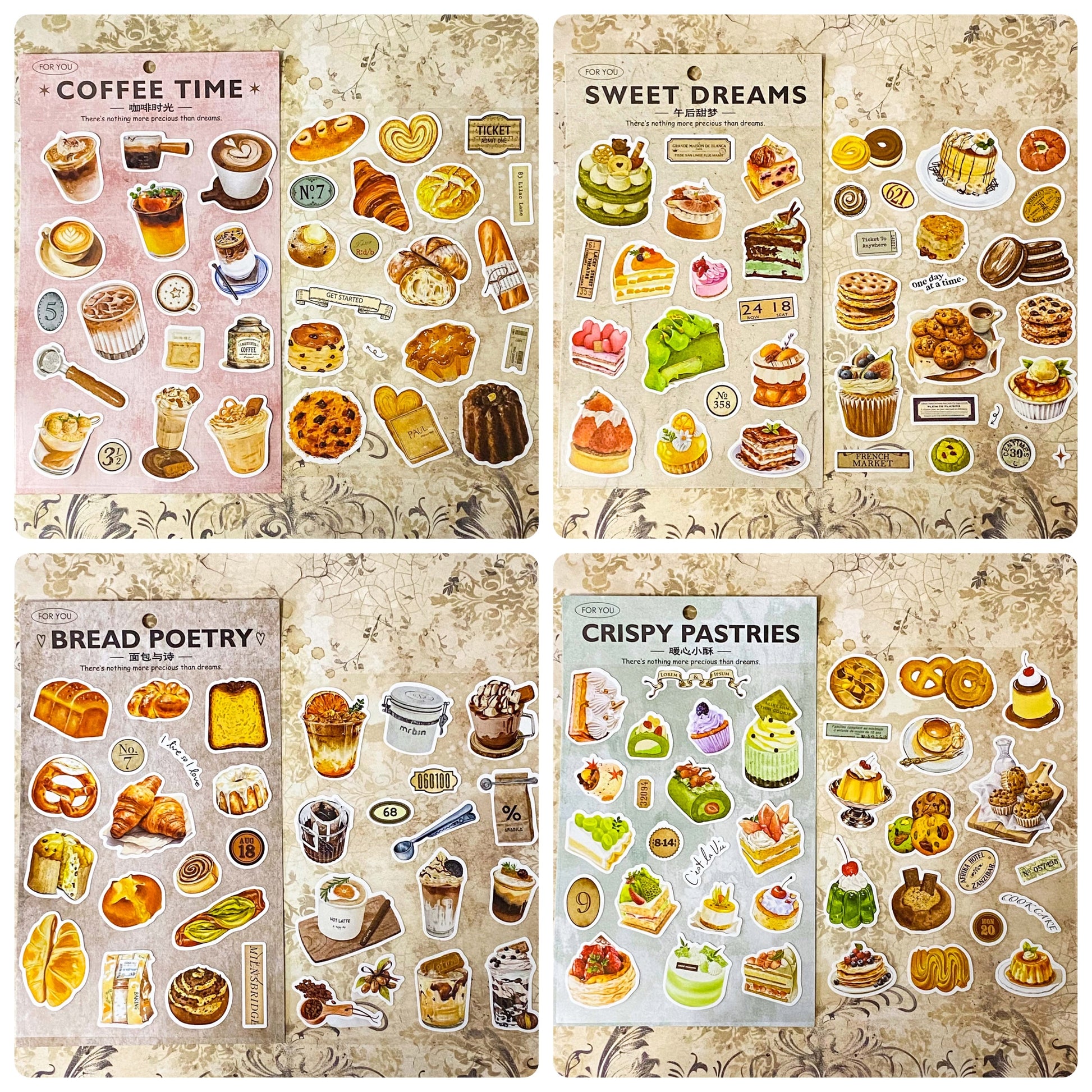 two large matte sticker sheets of food and drinks including coffee, cakes, pastries, bread, desserts, biscuits, pretzels and cupcakes uk cute kawaii stationery shop.