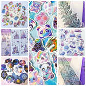 magical stickers and bookmarks stationery bundle with laptop stickers, sticker flakes, clear sticker sheets and bookmarks with a fairytale and magic theme