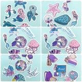 Collection of mermaid-themed laptop matte stickers on a light blue background