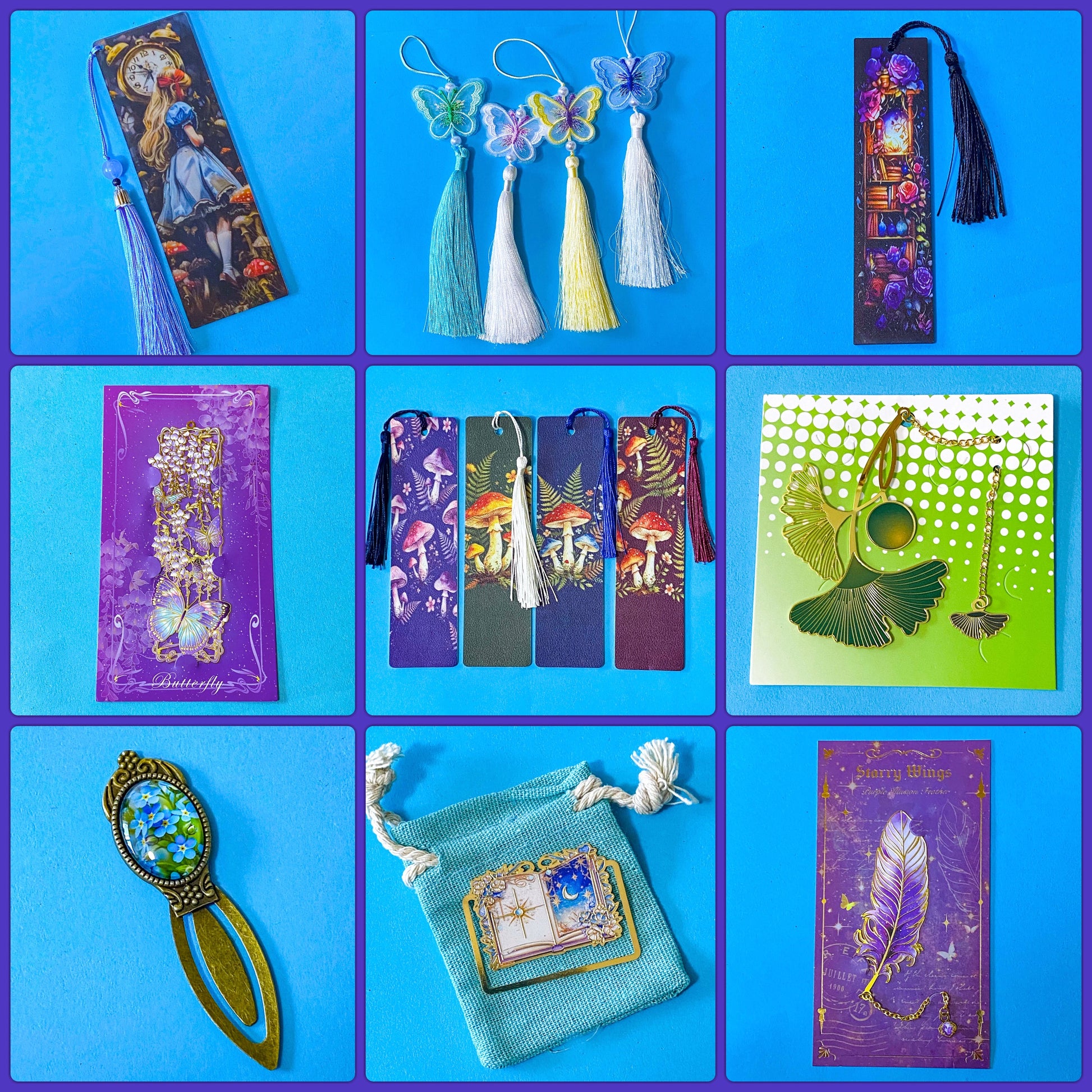 metal glass and acrylic tassel bookmarks with designs including magical feather, open book, ginko leaf, forget me not flowers, bookshelf with witchy things, alice in wonderland and butterflies. UK bargain stationery supplies shop.