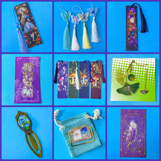 metal glass and acrylic tassel bookmarks with designs including magical feather, open book, ginko leaf, forget me not flowers, bookshelf with witchy things, alice in wonderland and butterflies. UK bargain stationery supplies shop.