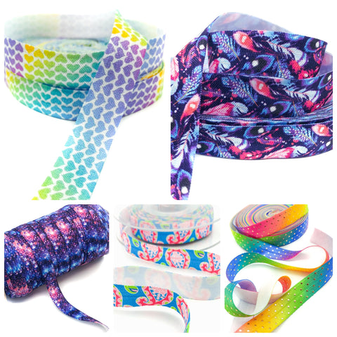 elastic ribbon bundle with 11 yards including patterned peacock feather, paisley, gold foil polka dots, rainbow hearts and starry skies.