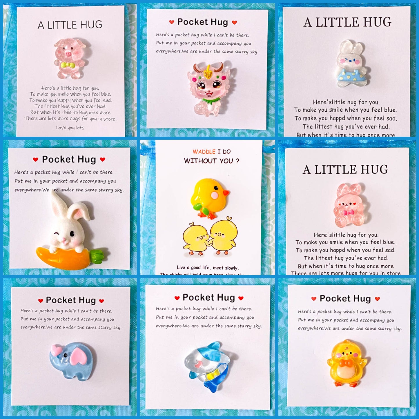 spring easter hug pocket hugs present gift anxiety mental health kindness gifts uk cute kawaii deer bunny rabbit rabbits pig pigs chick chicks elephant baby dolphin shark chicken colourful presents