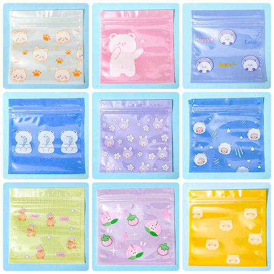 colourful spring animals ziplock bags with various designs on a blue background