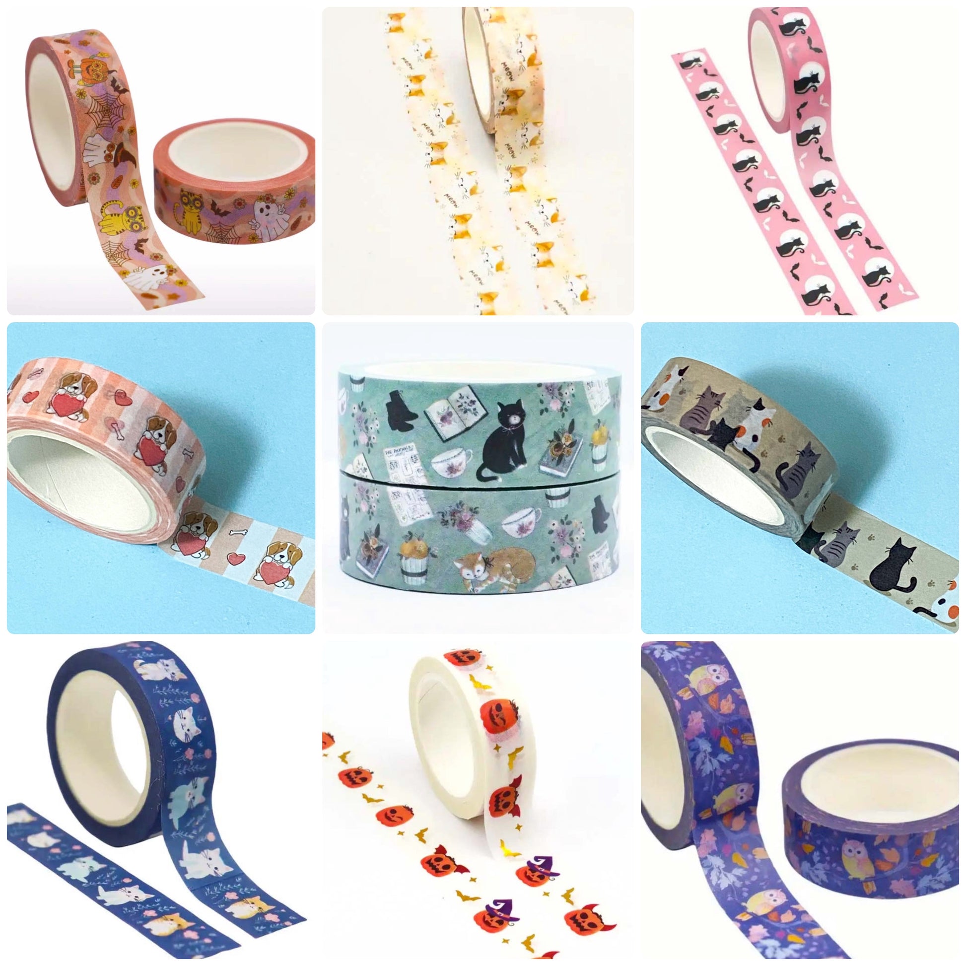 uk washi tape tapes roll rolls 10m 10 metre cat cats kitten kitty dog dogs puppy puppies cute kawaii stationery owl owls pumpkin halloween foil long pretty spooky black cat moon 