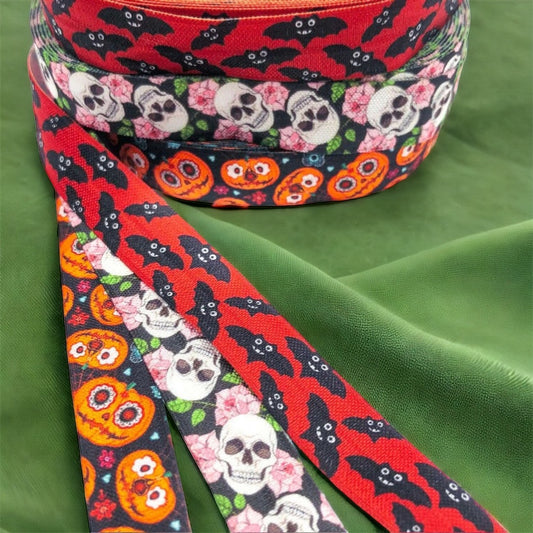 Halloween Elastic Ribbon 15mm- Bats Skulls or Pumpkins (A)