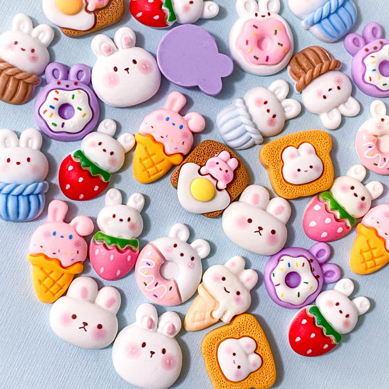 bunny rabbit bunnies rabbits uk cute kawaii craft supplies shop flatback flat back backs fb fbs embellishment sweet sweets cake ice cream treats food toast donut doughnut basket strawberry resins resin easter spring 