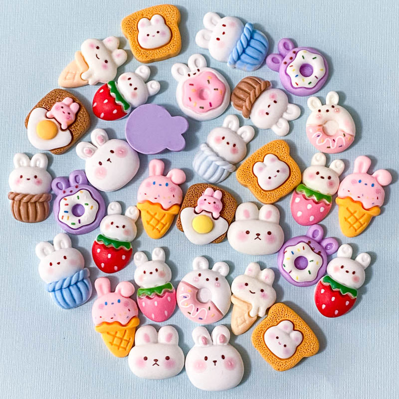 bunny rabbit bunnies rabbits uk cute kawaii craft supplies shop flatback flat back backs fb fbs embellishment sweet sweets cake ice cream treats food toast donut doughnut basket strawberry resins resin easter spring