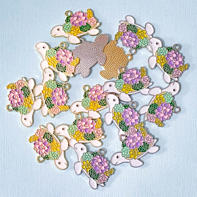 large big turtle turtles tortoise floral flower flowers enamel charm charms pendant metal gold silver tone white cute kawaii craft supplies shop crafts uk pretty spring animal animals