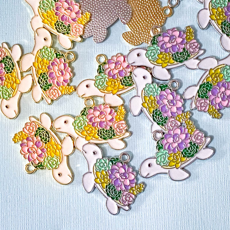 large big turtle turtles tortoise floral flower flowers enamel charm charms pendant metal gold silver tone white cute kawaii craft supplies shop crafts uk pretty spring animal animals